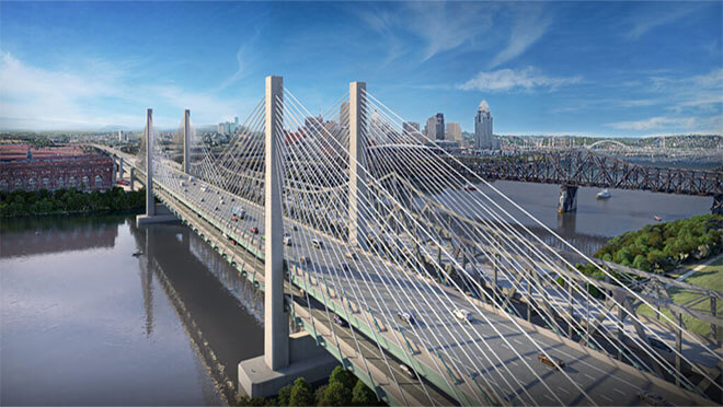 Rendering of the new Brent Spence Bridge with the Cincinnati skyline in the background